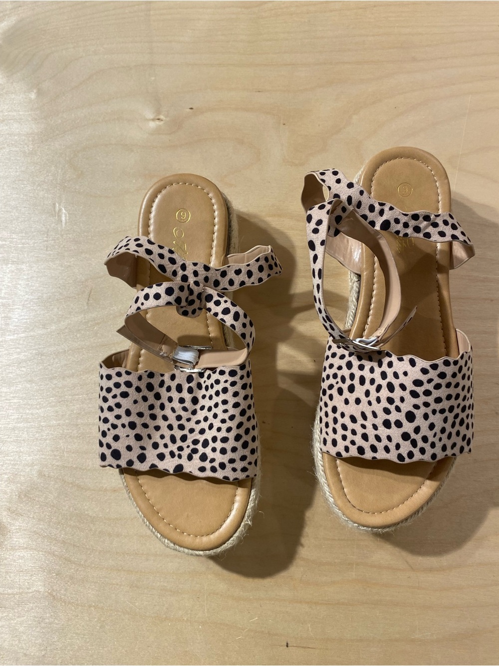 Abata Polka Dot Sandals with Ankle Tie Tan & Black 9 (CG)